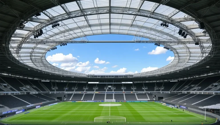 A modern stadium with a retractable roof and slidi